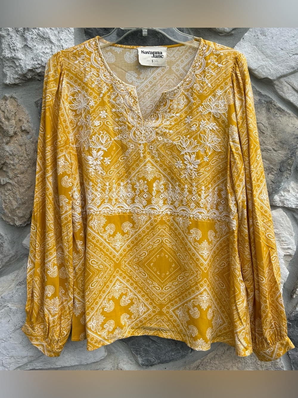 Savanna Jane Top Size S Yellow Embroidered Boho Western Gypsy Peasant Festival